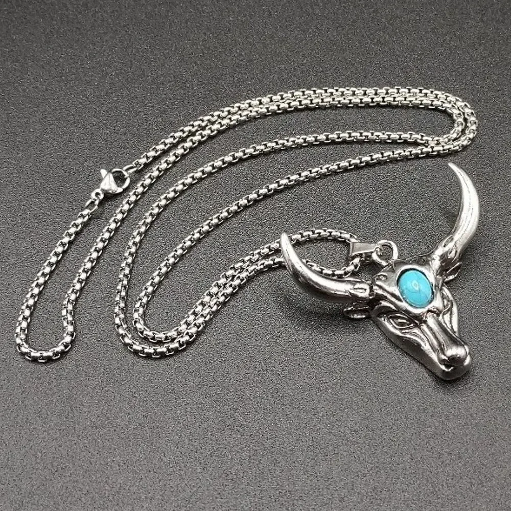 Longhorn Turquois Cattle Bull Necklace Stainless Western Fashion Birthday Gift